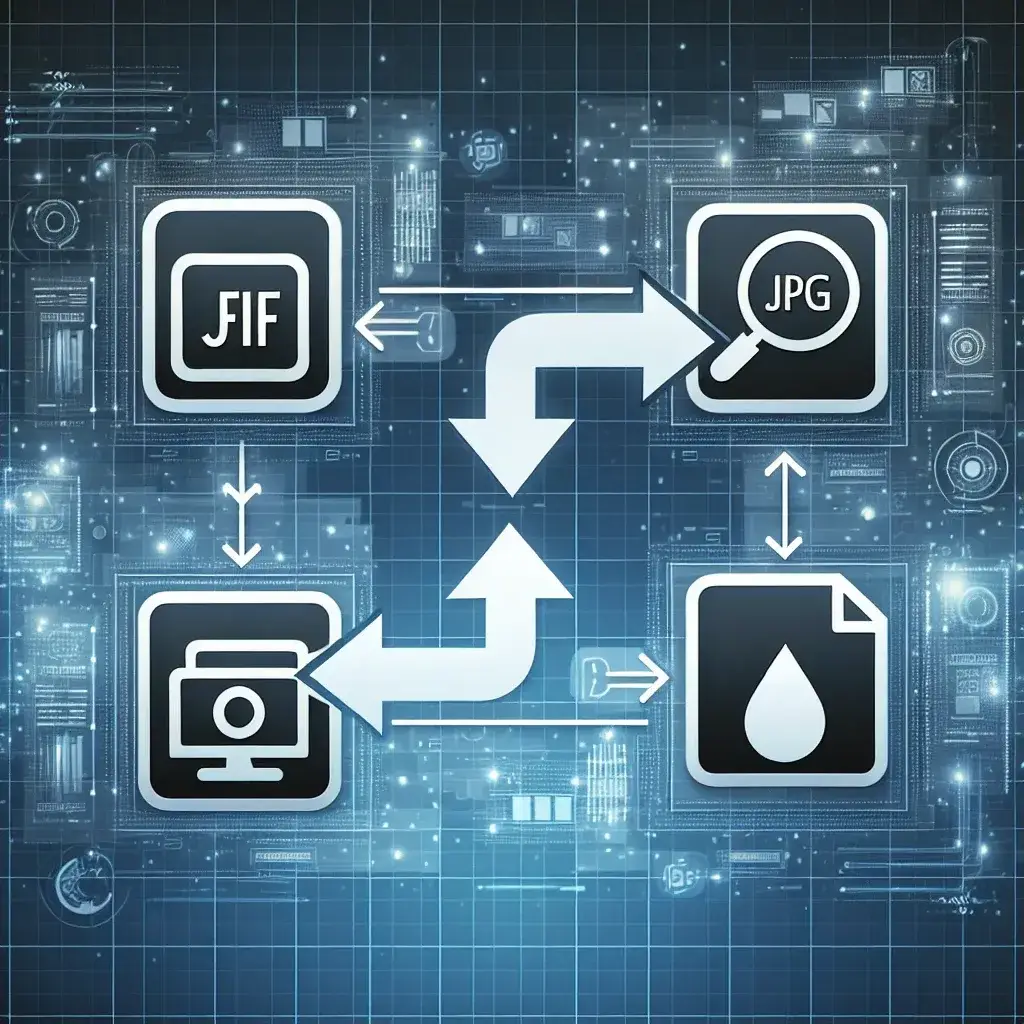 Diagram illustrating the conversion process between JFIF and JPG image formats with arrows and icons.