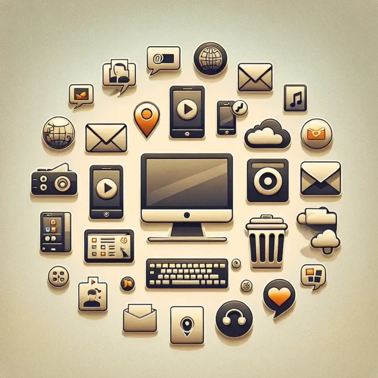 A circular arrangement of various digital communication icons including a computer, phone, and social media symbols.