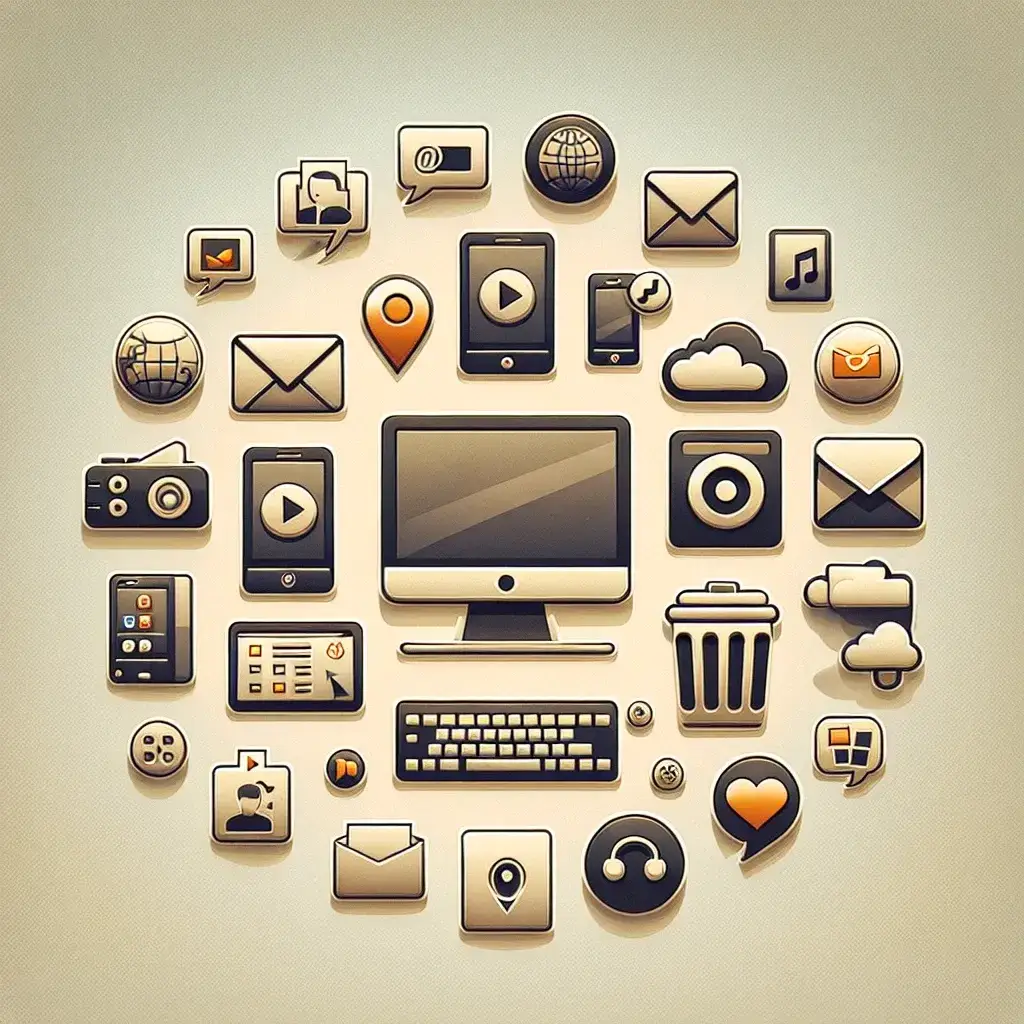 A circular arrangement of various digital communication icons including a computer, phone, and social media symbols.