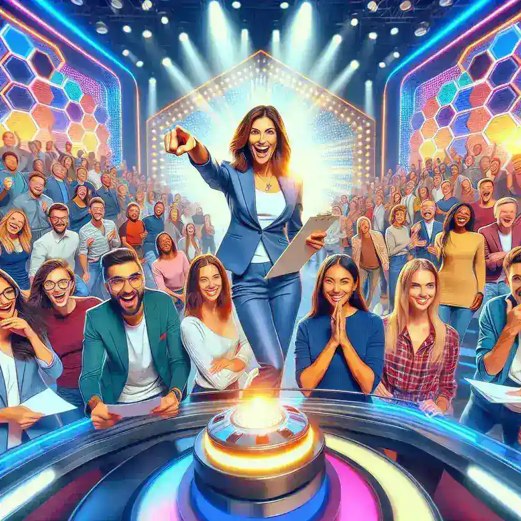 A lively audience at a game show with a host pointing and engaging with participants.