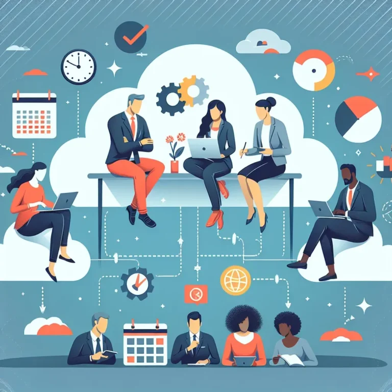 Illustration of a diverse business team collaborating with laptops and charts in a cloud-themed background.