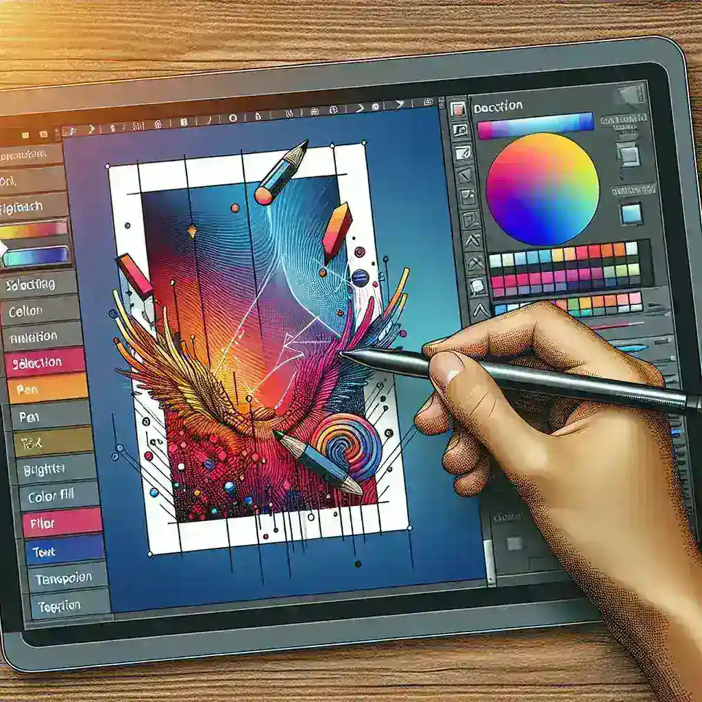 A hand using a stylus on a tablet displaying a colorful digital artwork in progress.