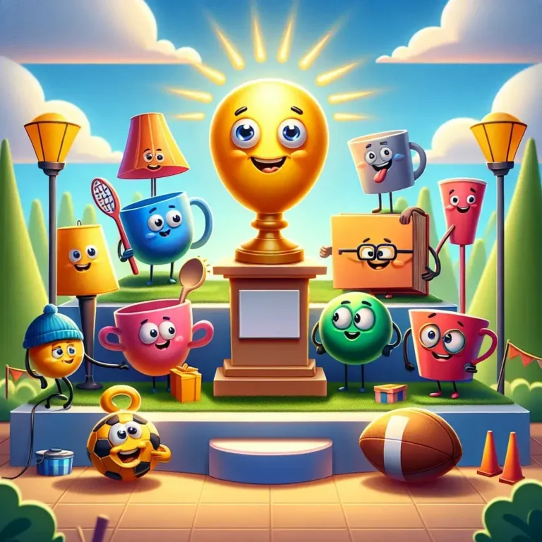 Colorful cartoon characters including cups, a trophy, and sports items in a cheerful scene.