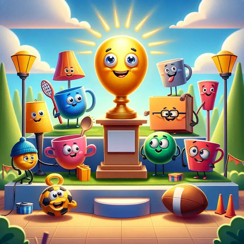 Colorful cartoon characters including cups, a trophy, and sports items in a cheerful scene.