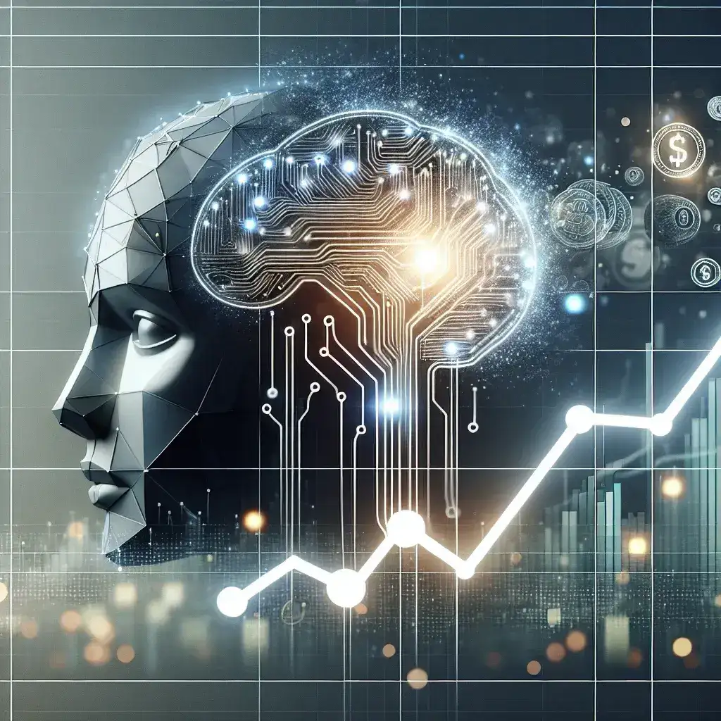 A digital representation of a brain with circuitry and financial graph elements.