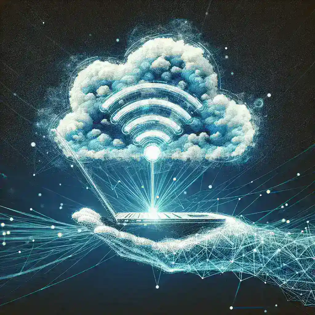 Digital illustration of a hand holding a laptop with a cloud and Wi-Fi signal above it.