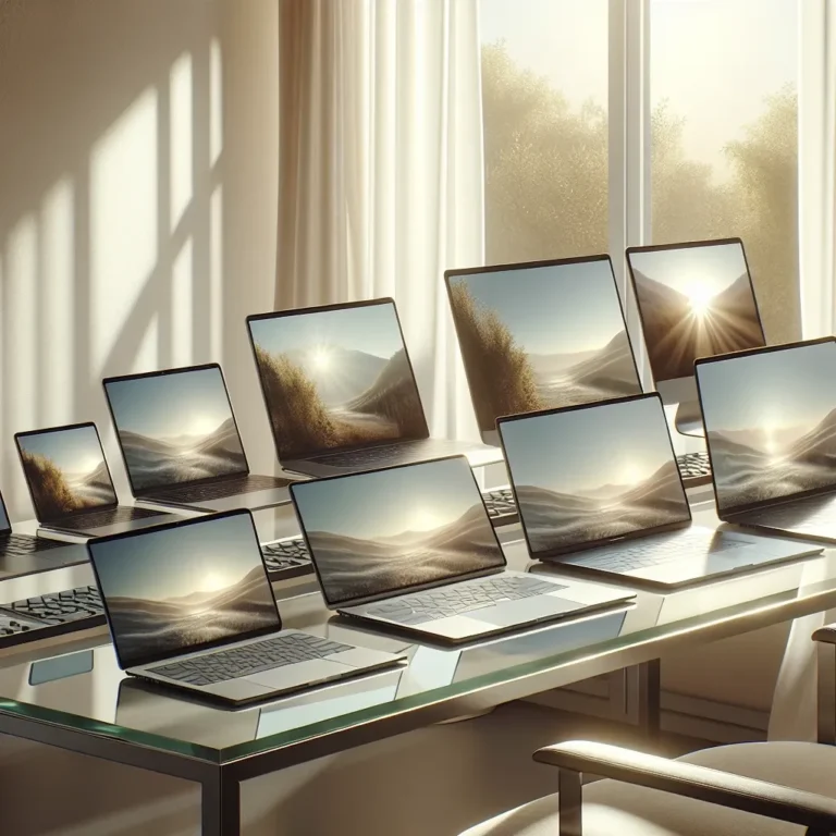 A collection of laptops arranged on a table, each displaying a scenic landscape on their screens.