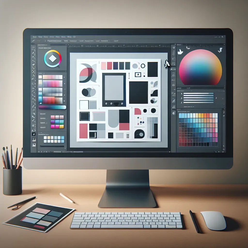 A computer monitor showing various graphic design elements and color palettes in a design software interface.
