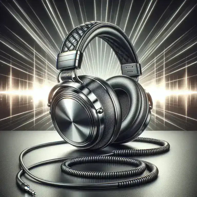 Black over-ear headphones with a coiled cable and a metallic finish against a light burst background.