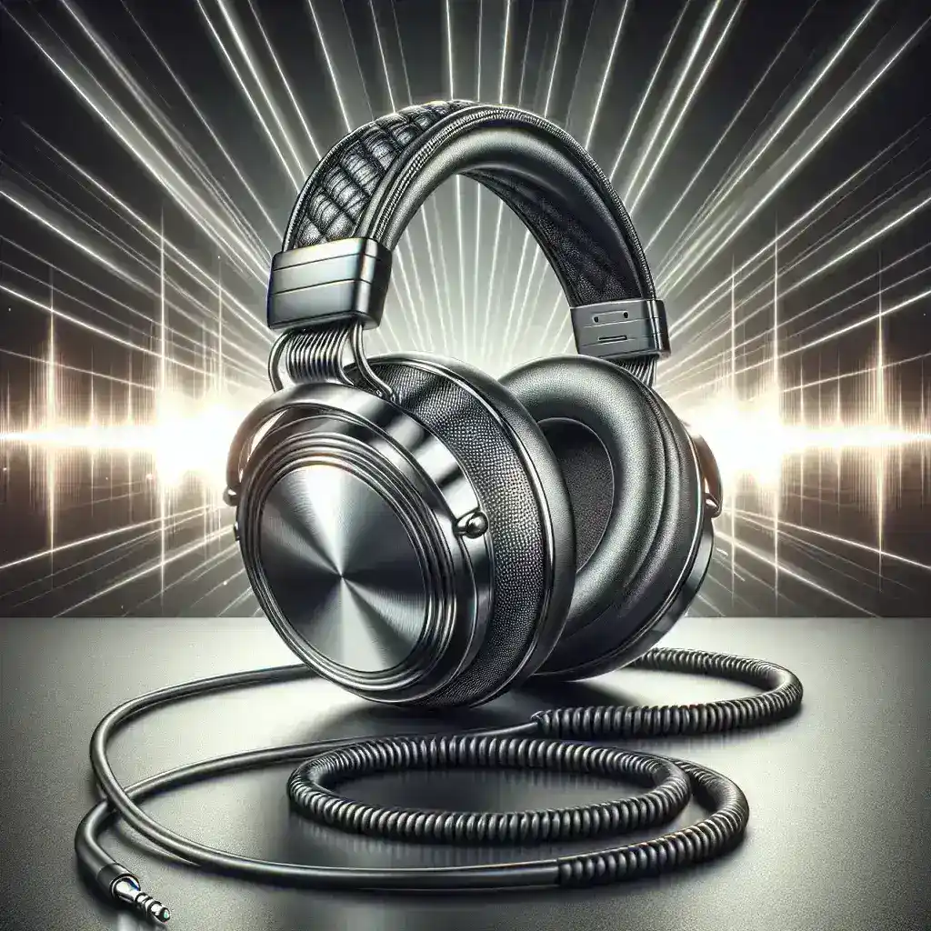 Black over-ear headphones with a coiled cable and a metallic finish against a light burst background.