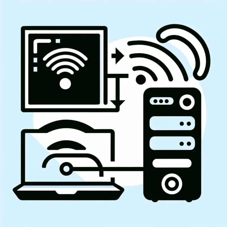 Illustration showing wireless signals between a desktop computer, laptop, and server.