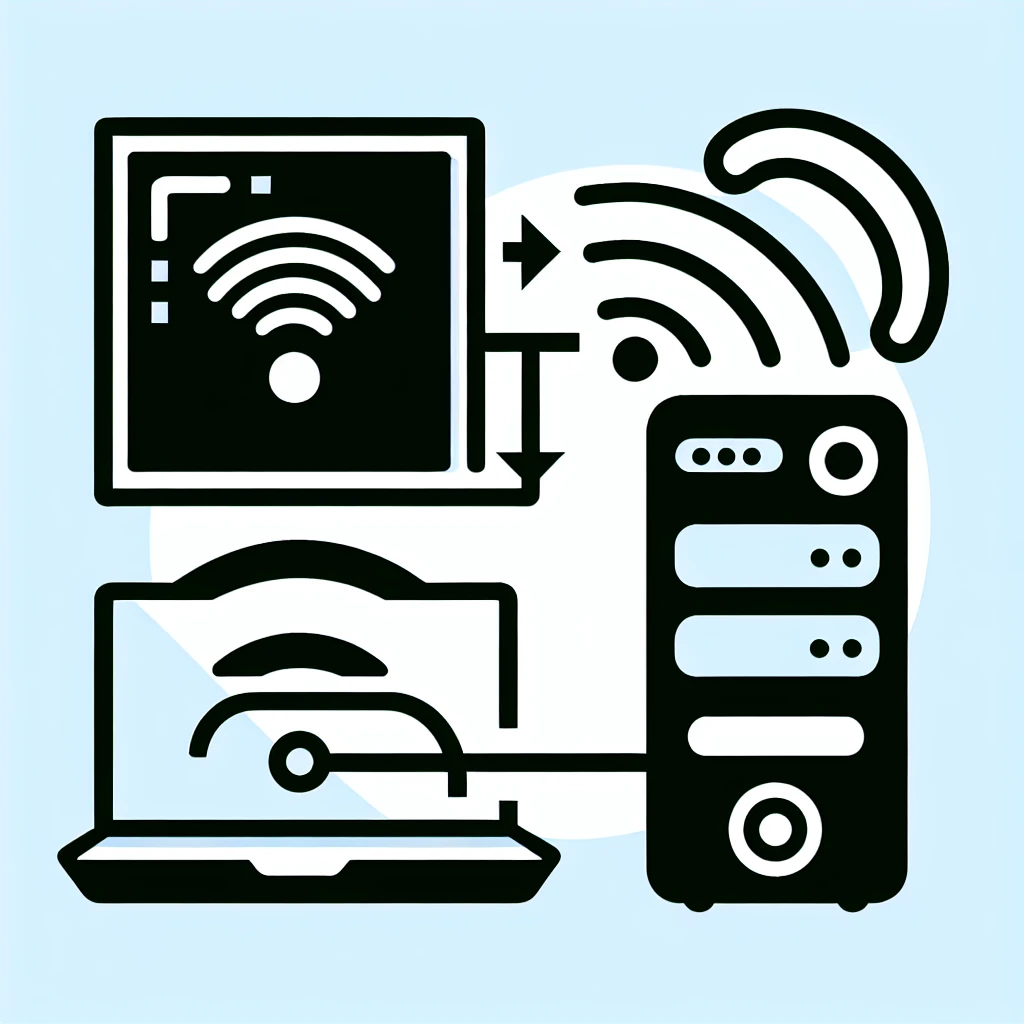 Illustration showing wireless signals between a desktop computer, laptop, and server.