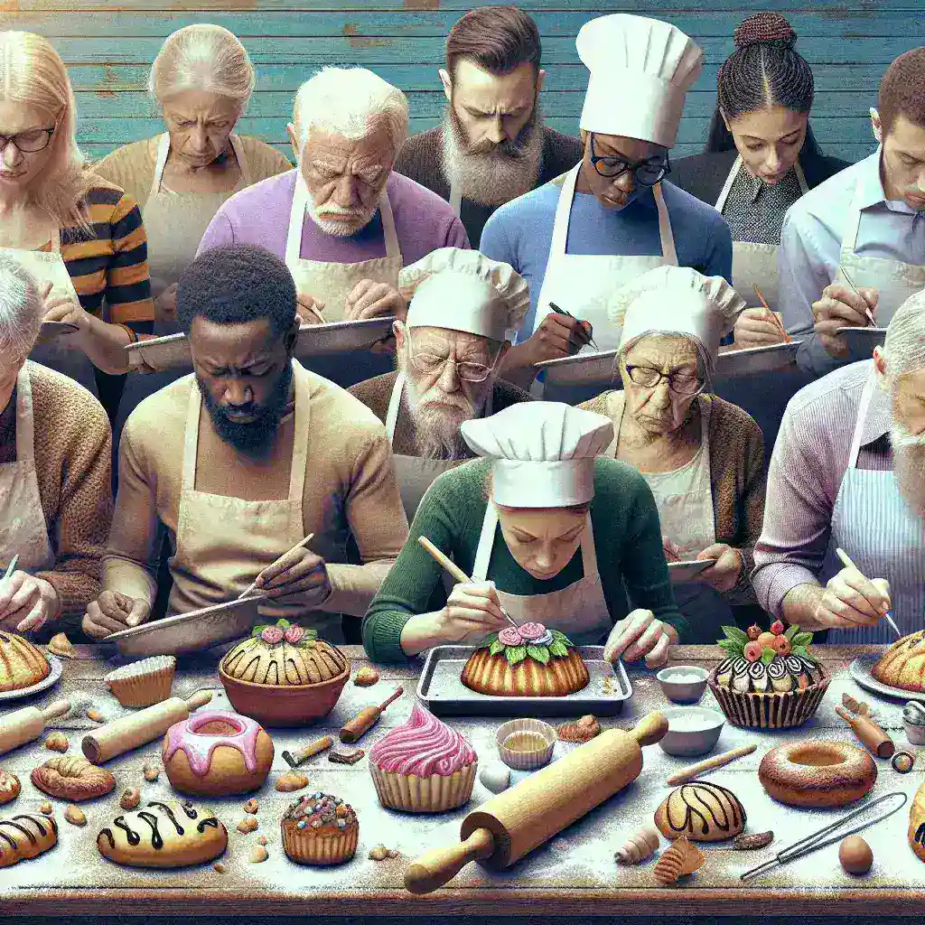 A diverse group of bakers focused on decorating various pastries at a long table.