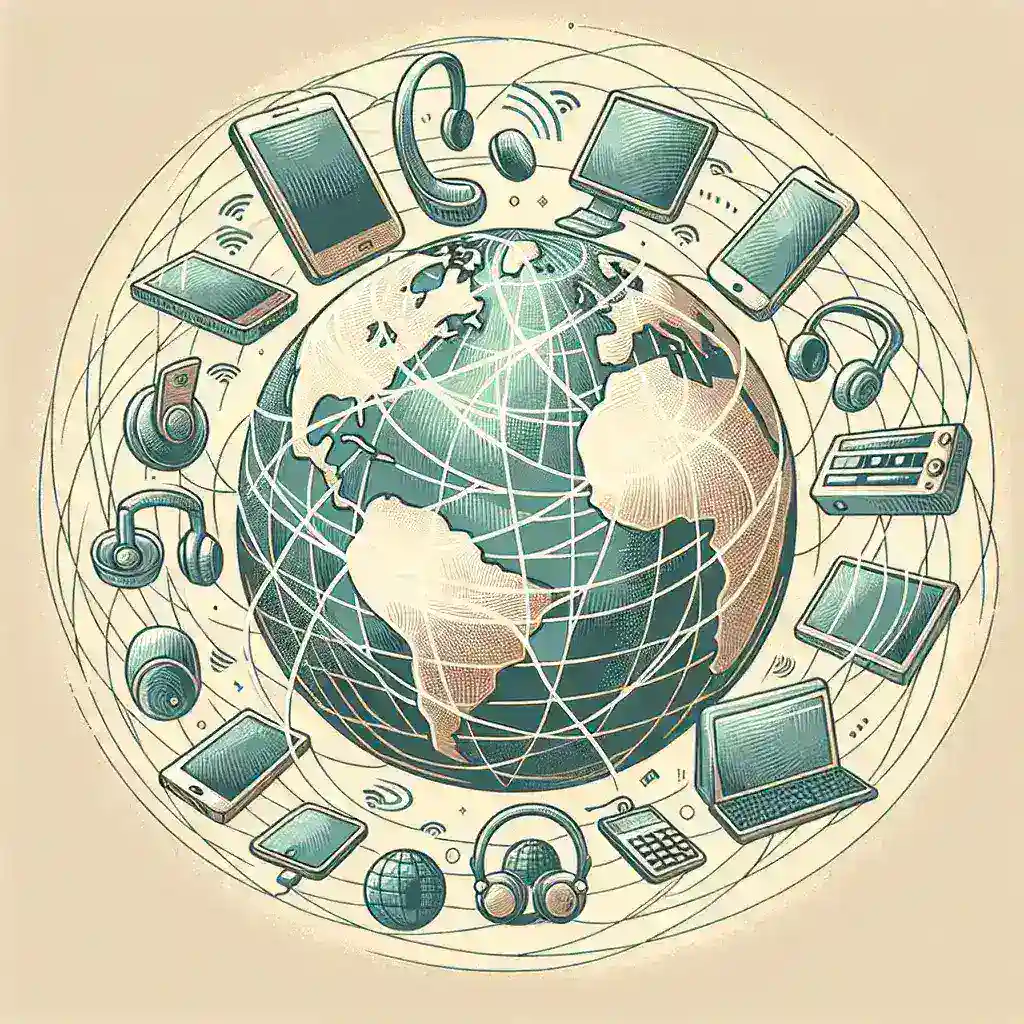 Illustration of a globe surrounded by various technology devices including smartphones, laptops, and headphones.