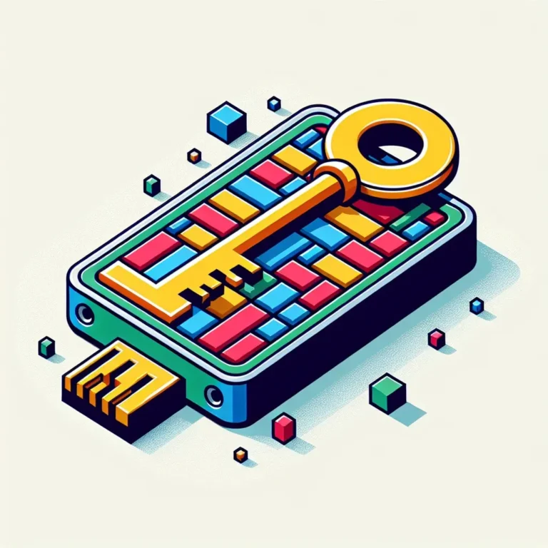 Colorful illustration of a key integrated with a USB drive design, surrounded by small cubes.