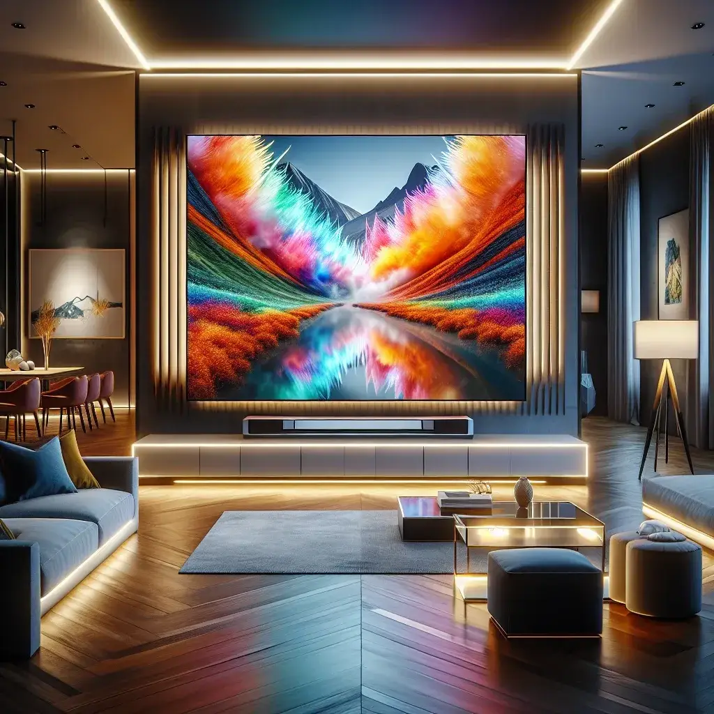 Vibrant abstract wall art displayed on a large screen in a modern living room setting.