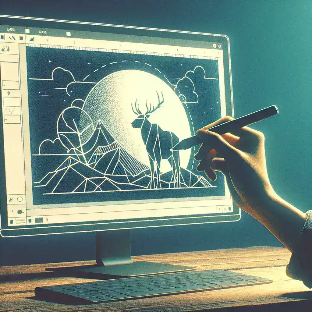 Hand holding a stylus drawing a deer illustration on a computer screen with a mountain background.