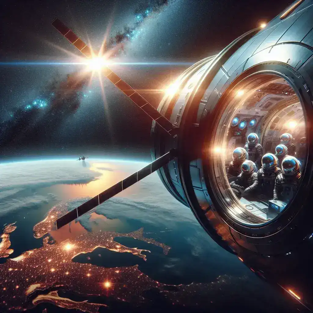 A spacecraft window showing astronauts inside, with Earth and stars visible outside in space.