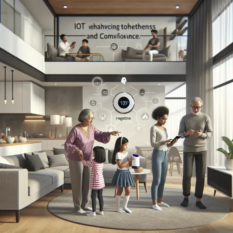 A family engaging with smart home technology in a modern living room setting.