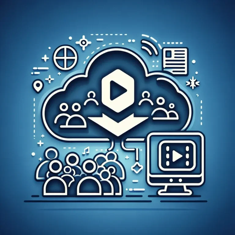 Illustration of a cloud with people icons and a computer displaying a video play button.
