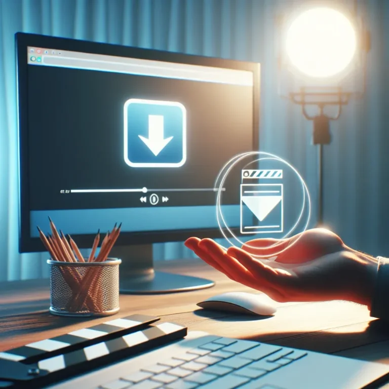 A computer screen displaying a download icon and a clapperboard graphic above a hand.