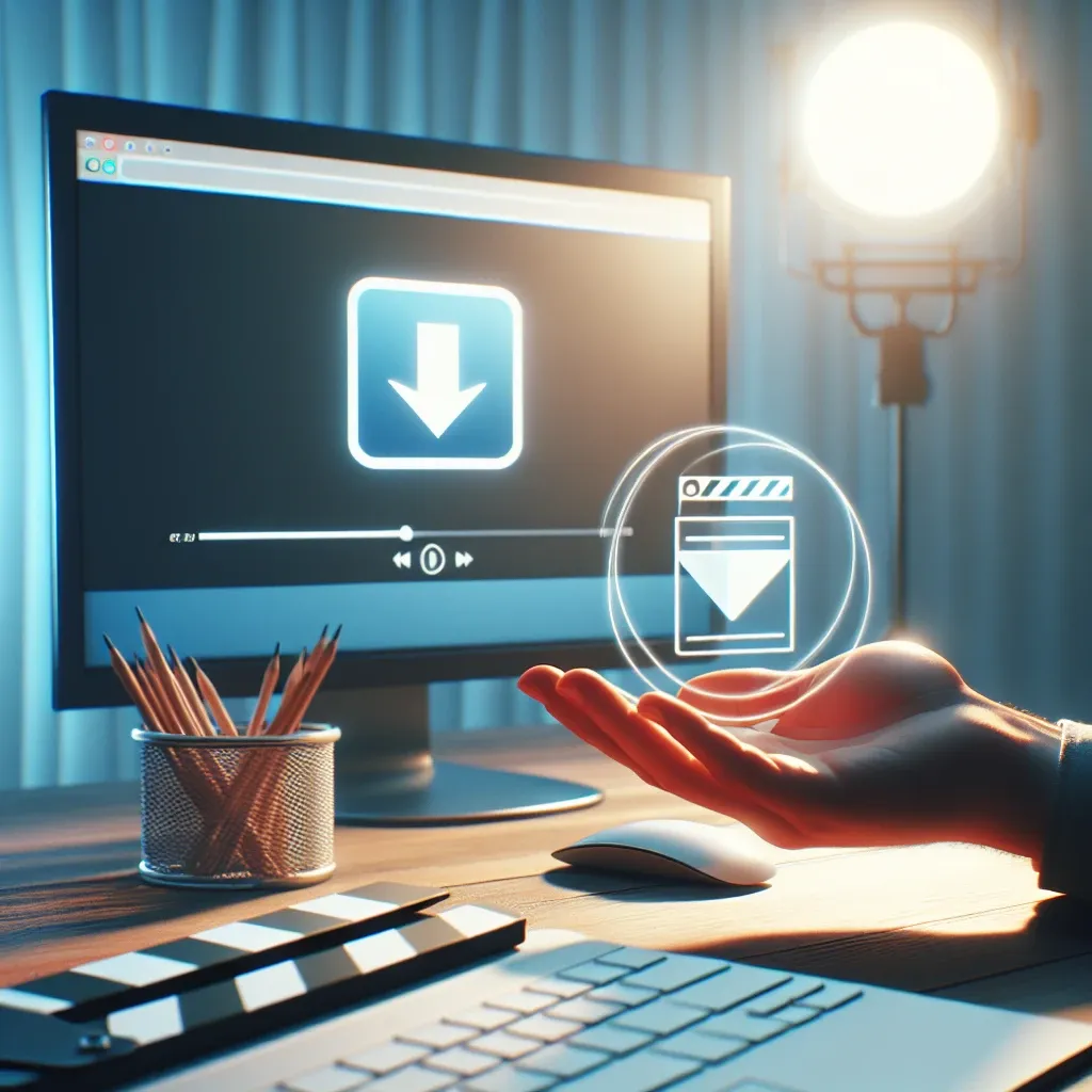 A computer screen displaying a download icon and a clapperboard graphic above a hand.