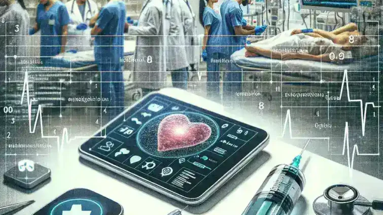 "An ethical hacker analyzing smart medical equipment on a laptop, highlighting concerns about cybersecurity and patient safety in healthcare technology."