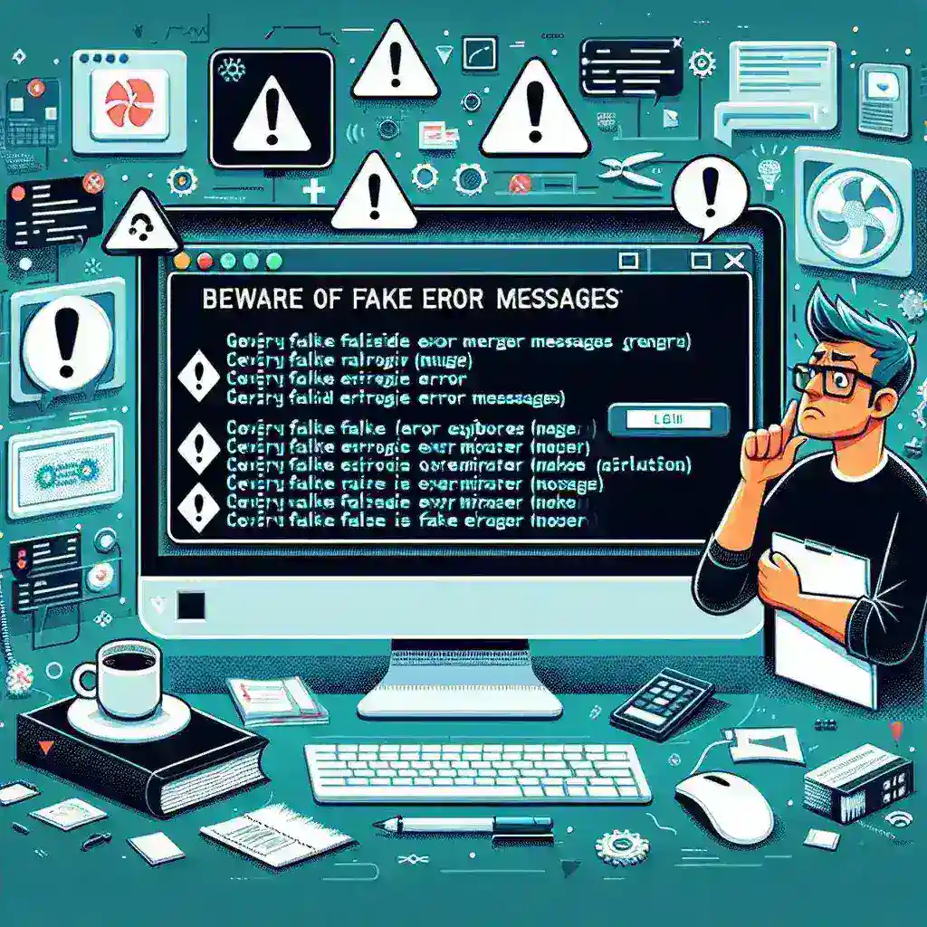 A computer screen showing a warning about fake error messages with various icons and symbols surrounding it.