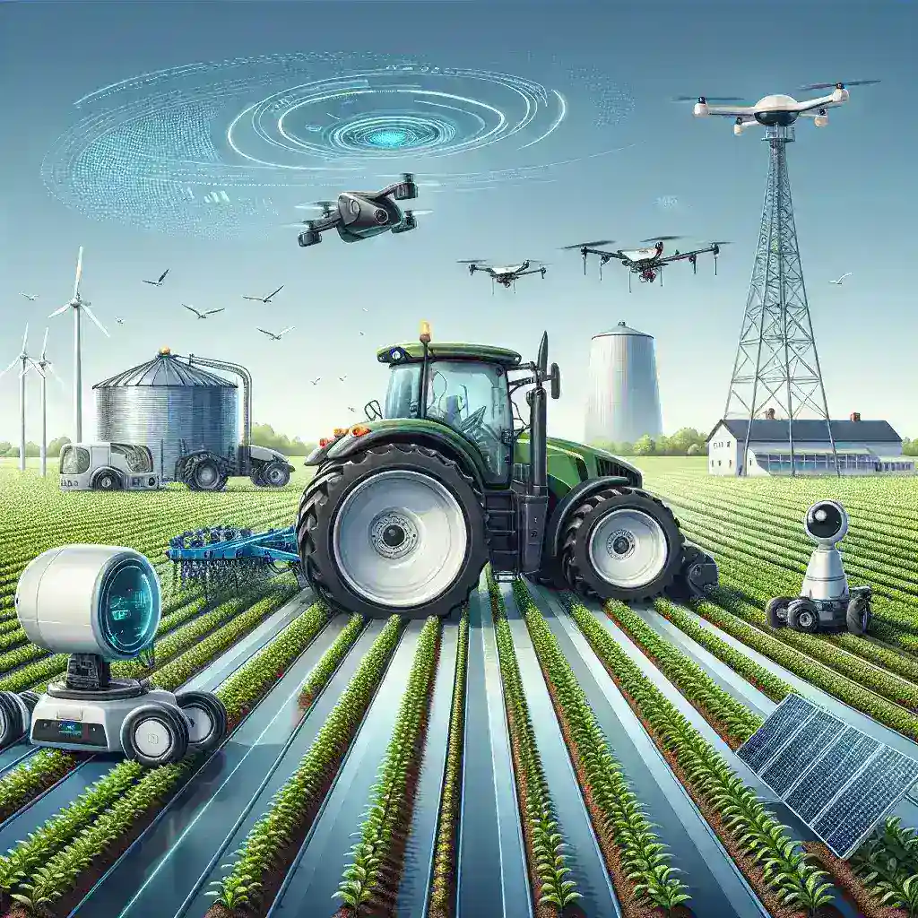 Illustration of a tractor, drones, and robots in a futuristic agricultural setting.