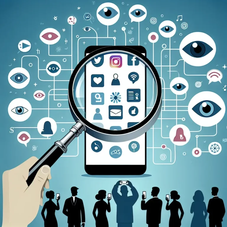 Illustration of a hand holding a magnifying glass over a smartphone displaying social media icons and various eye symbols.