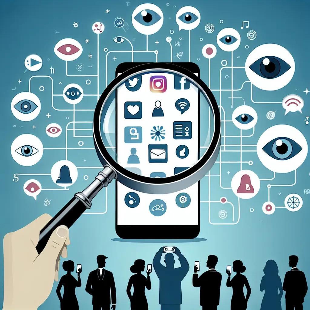 Illustration of a hand holding a magnifying glass over a smartphone displaying social media icons and various eye symbols.