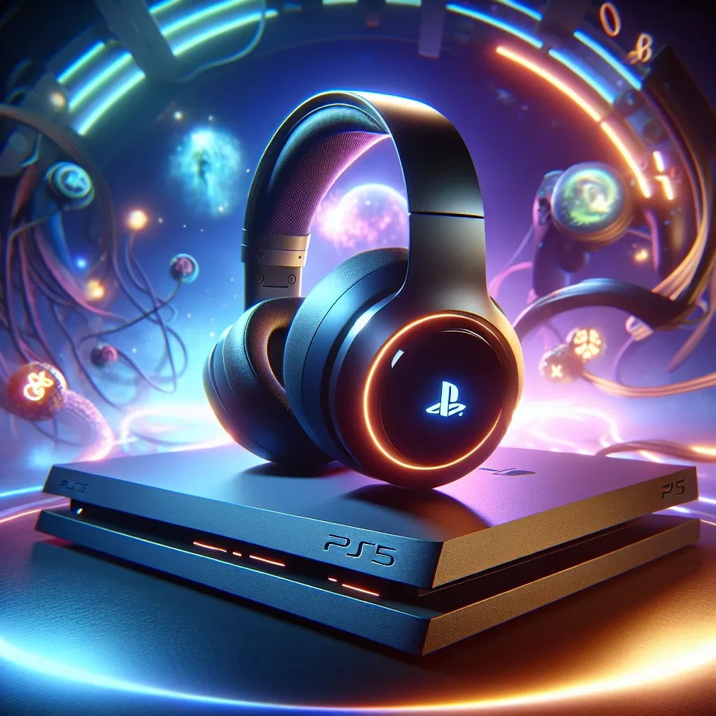 Black PlayStation 5 console with a pair of black headphones placed on top, illuminated by colorful lights.