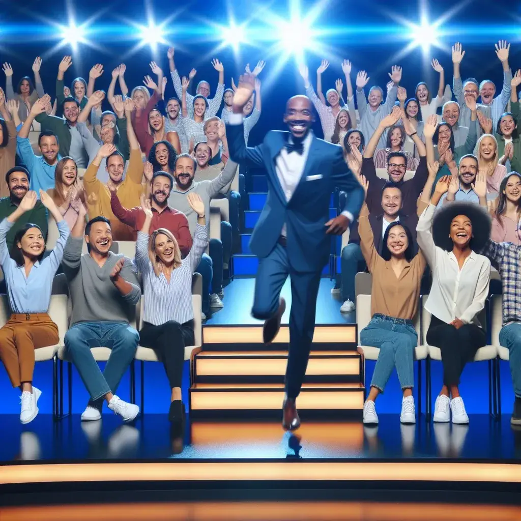 A diverse audience with raised hands, smiling and applauding, seated in a theater setting.