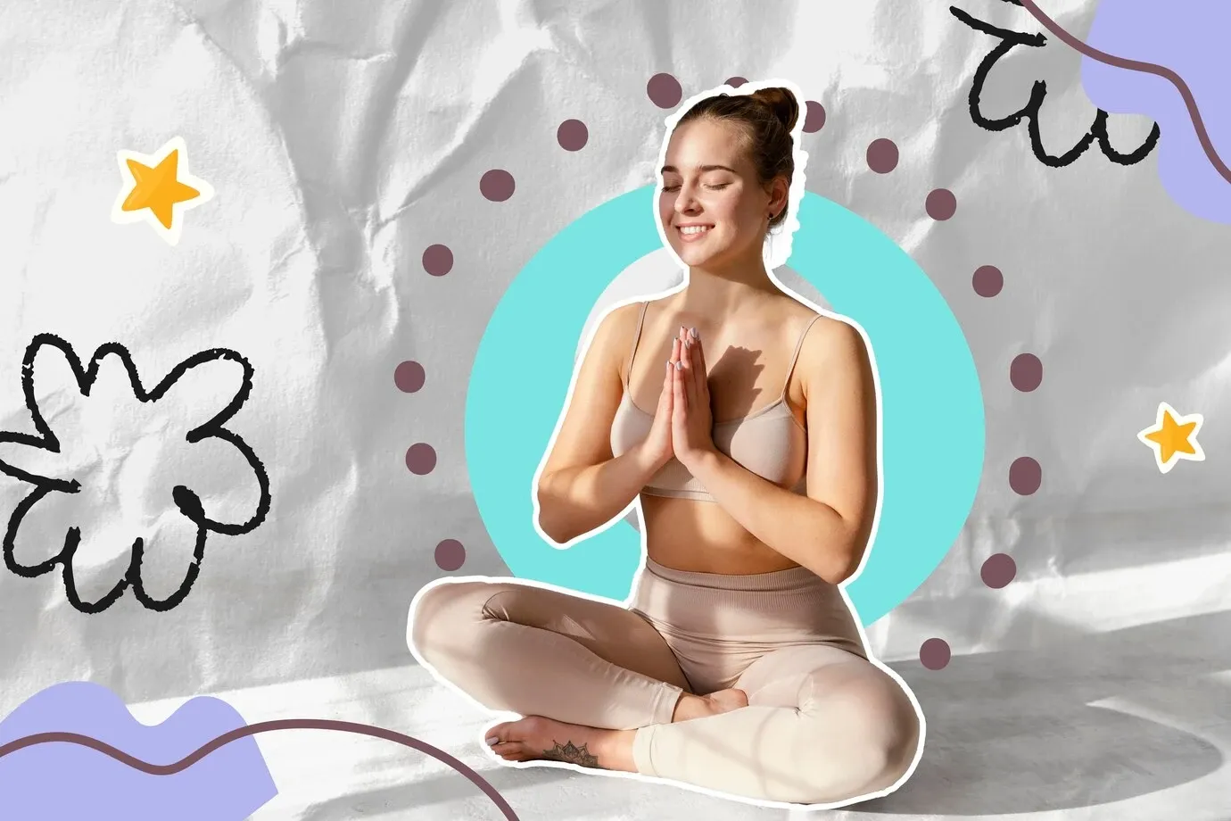 Woman sitting cross-legged in a meditative pose with hands in prayer position, wearing a light-colored outfit.