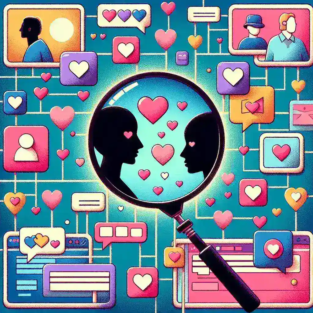 Digital illustration featuring silhouettes of two people with hearts and chat bubbles in a magnifying glass.