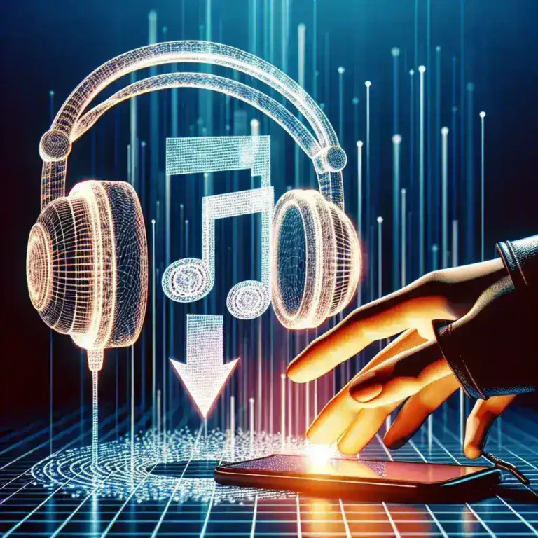 A digital representation of headphones and a music note with a download symbol above a smartphone.