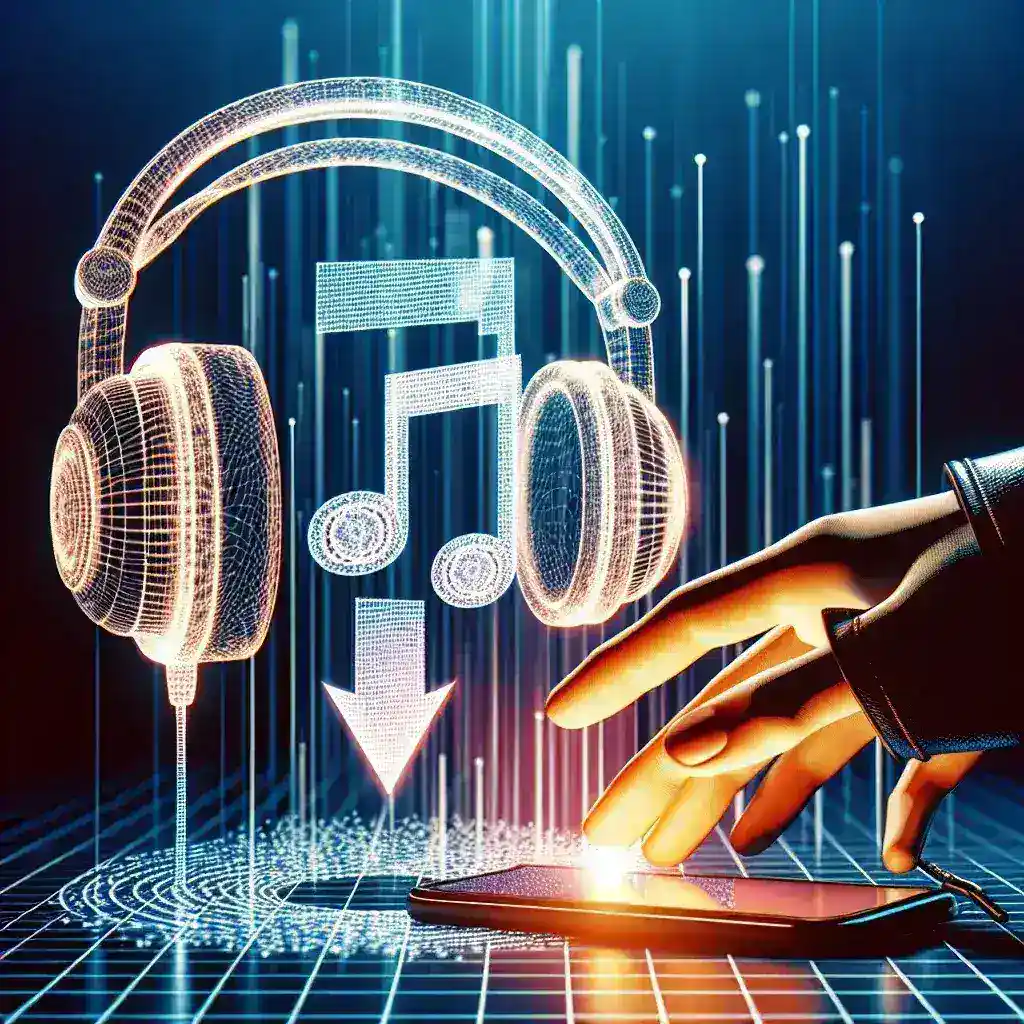 A digital representation of headphones and a music note with a download symbol above a smartphone.