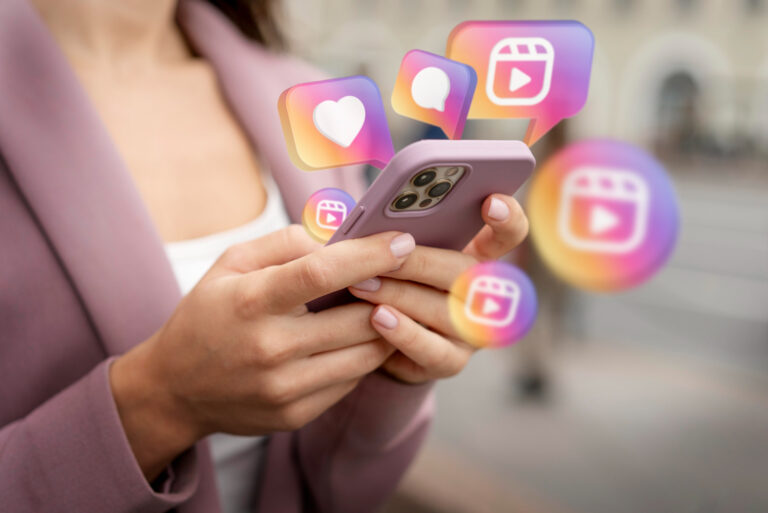 girl with phone uses instagram