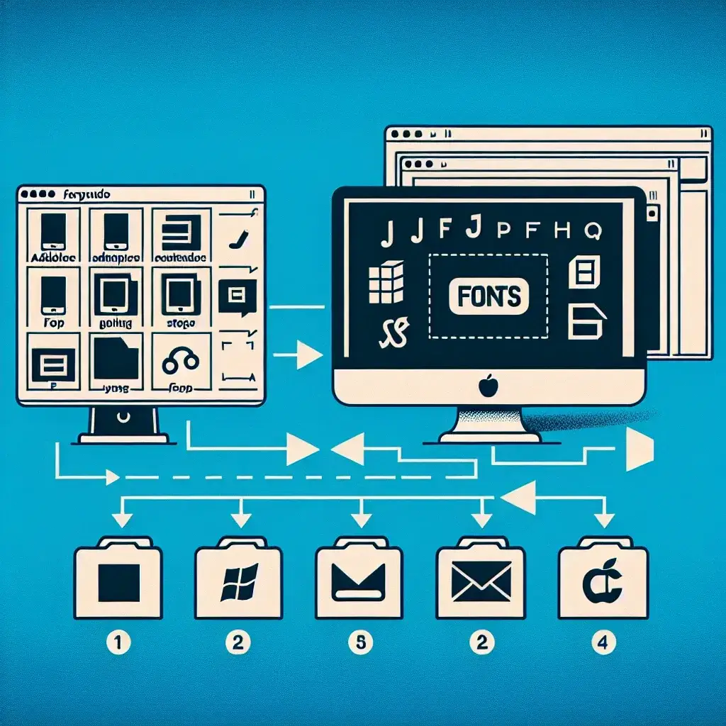 Illustration of a font management system showing multiple devices and file types connected.