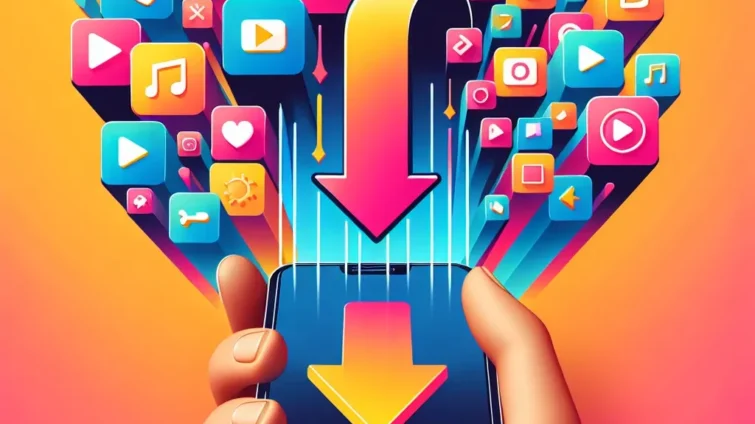Hand holding a smartphone with various colorful download icons emerging from the screen.