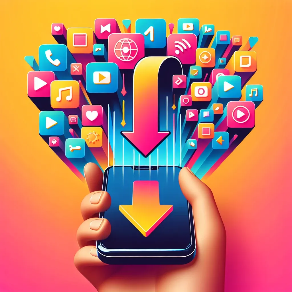 Hand holding a smartphone with various colorful download icons emerging from the screen.