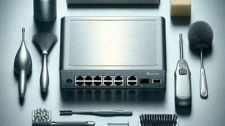 Network switch with various cleaning tools arranged around it on a flat surface.