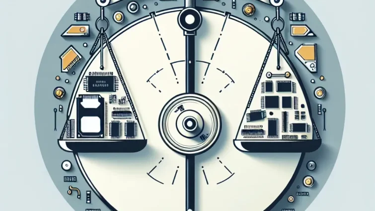 Illustration of a balance scale featuring circuit board elements on each side.