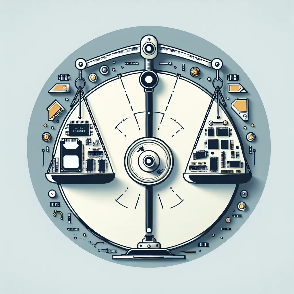 Illustration of a balance scale featuring circuit board elements on each side.
