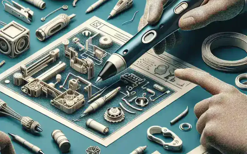 Hands holding a stylus over a technical drawing with various design tools and components around.