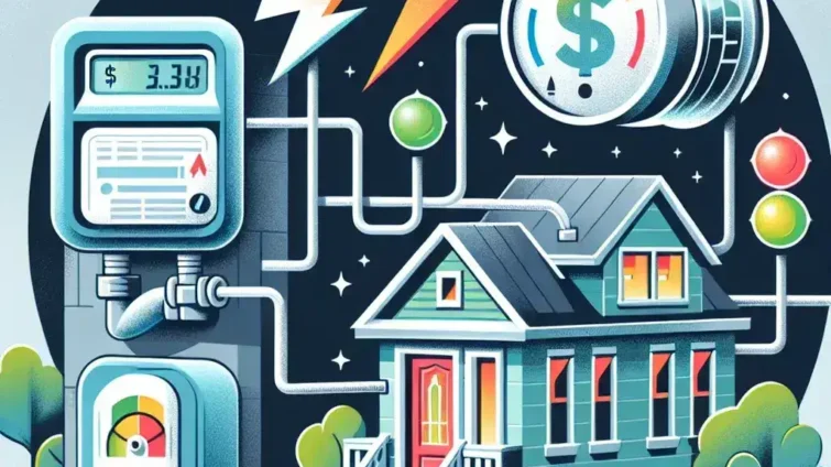 Colorful illustration of a smart home energy meter with a house and energy symbols.