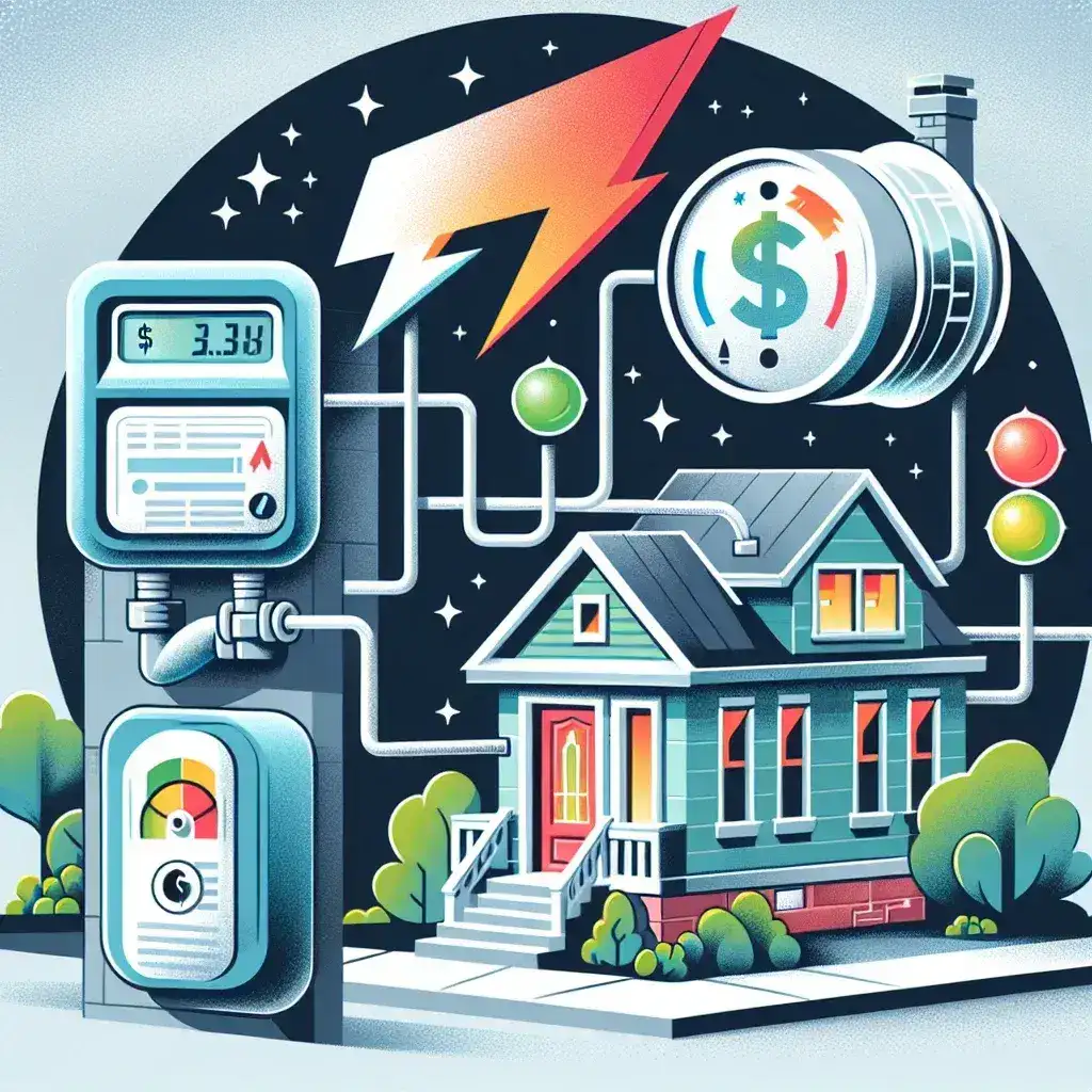 Colorful illustration of a smart home energy meter with a house and energy symbols.