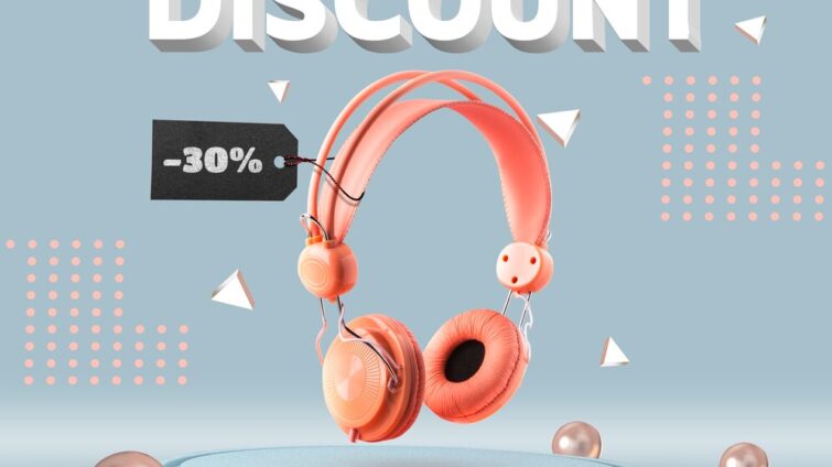 Pink over-ear headphones displayed with a discount tag showing -30% off.