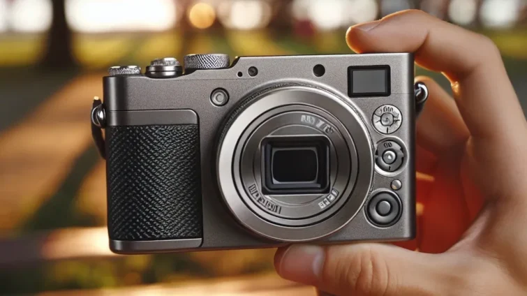A hand holding a compact digital camera with a silver body and black grip in a blurred outdoor setting.