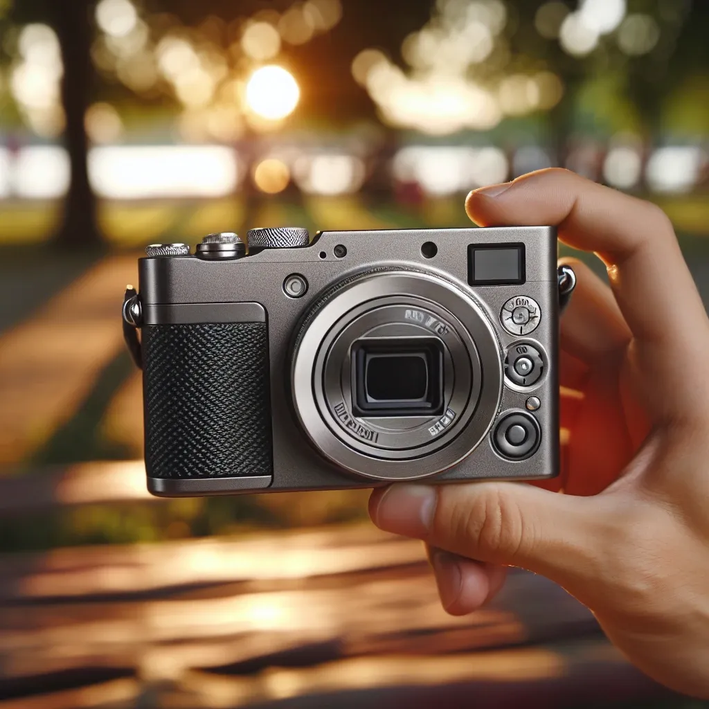 A hand holding a compact digital camera with a silver body and black grip in a blurred outdoor setting.